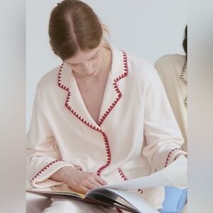 CRÈMESU Cream Pajama Set with Red Zigzag Trim – Loungewear / Sleepwear Sz M